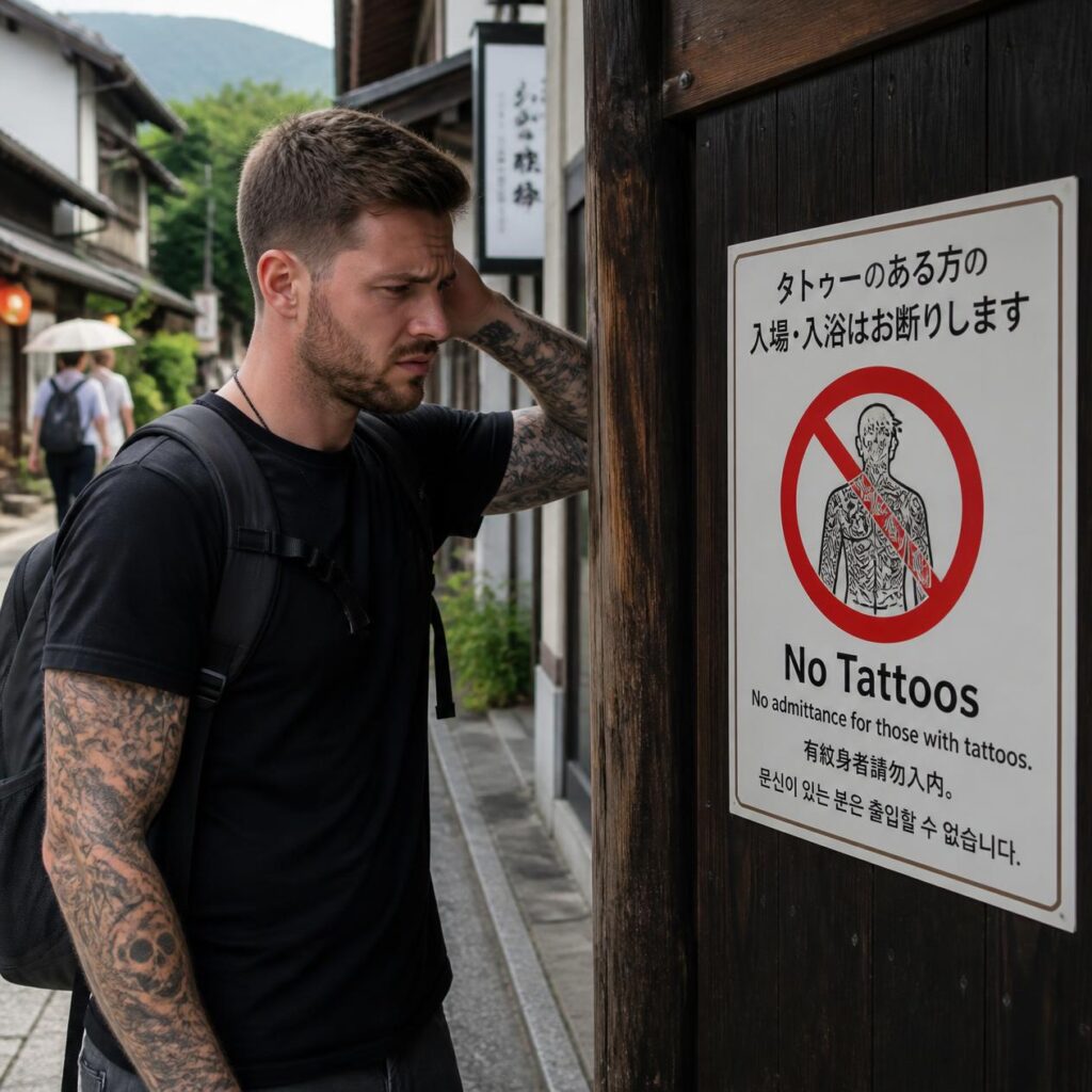 「刺青お断り」の掲示を見る外国人観光客（イメージ）