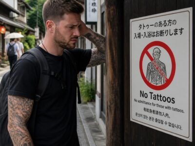 「刺青お断り」の掲示を見る外国人観光客（イメージ）